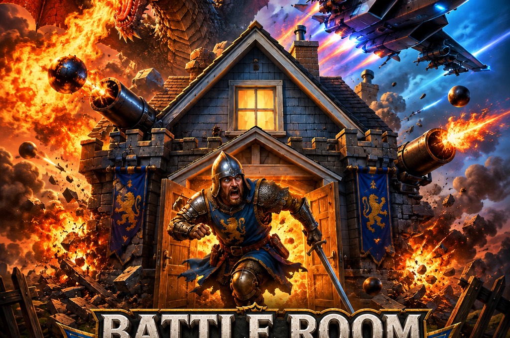 Battle Room Empire key art, widescreen crop: dragon and fighter jet clash above a besieged fortified house.